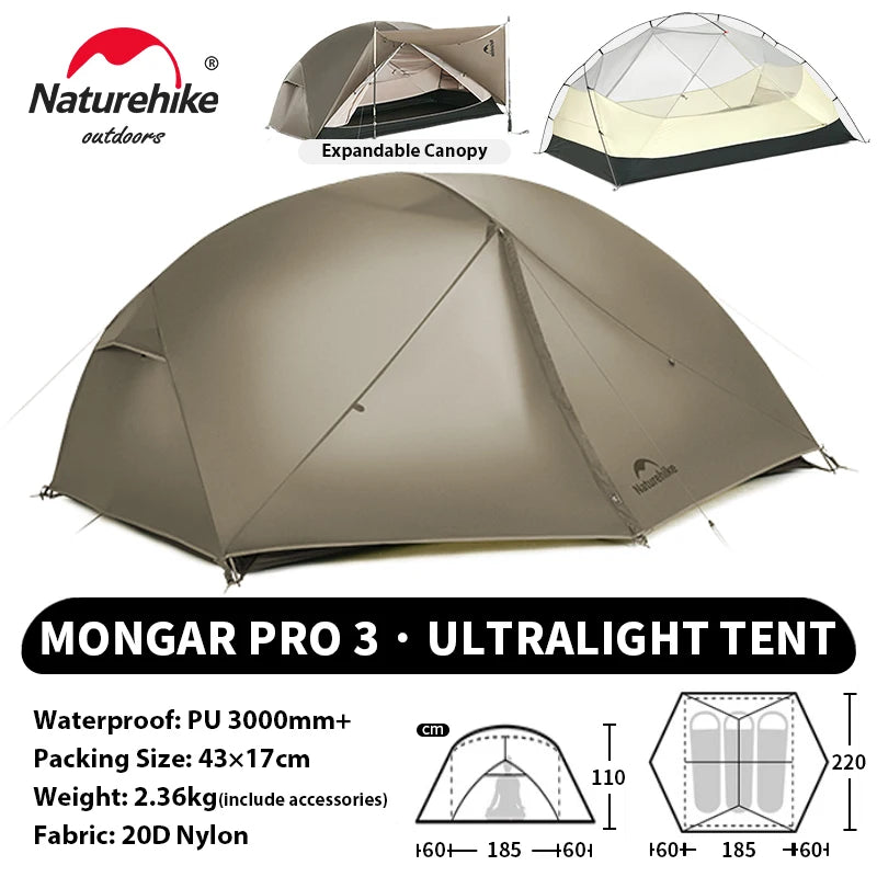 Naturehike Mongar UL PRO 1-3 People Tent 20D Ultralight Travel Waterproof Hiking Survival Outdoor Camping Portable Sun Shelter