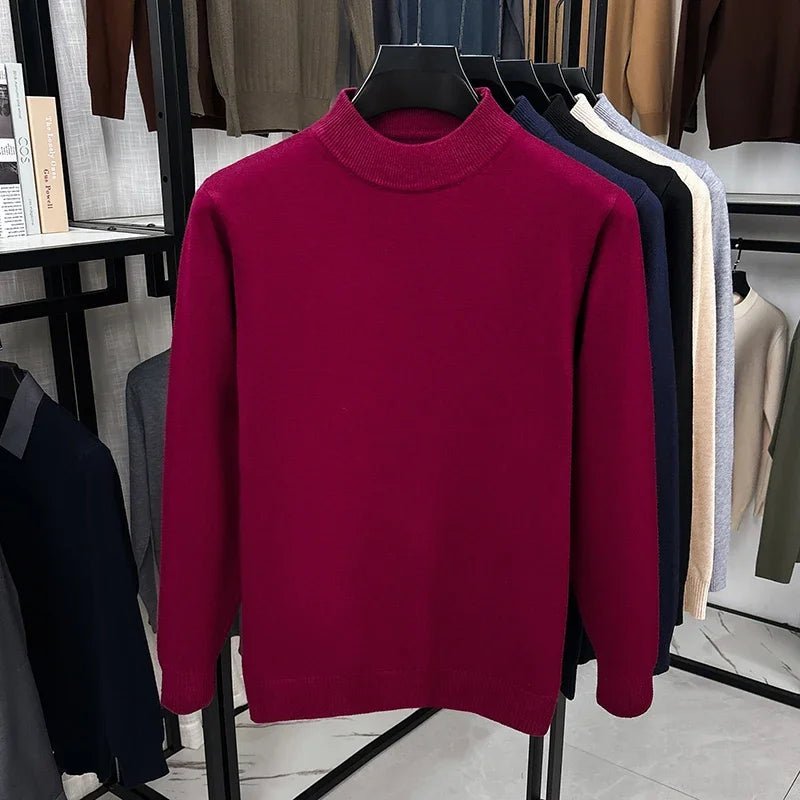 Daily Basic Knit Sweater Men Long Sleeve Mock Neck Rib Collar Autumn Walking Business Casual Pullover