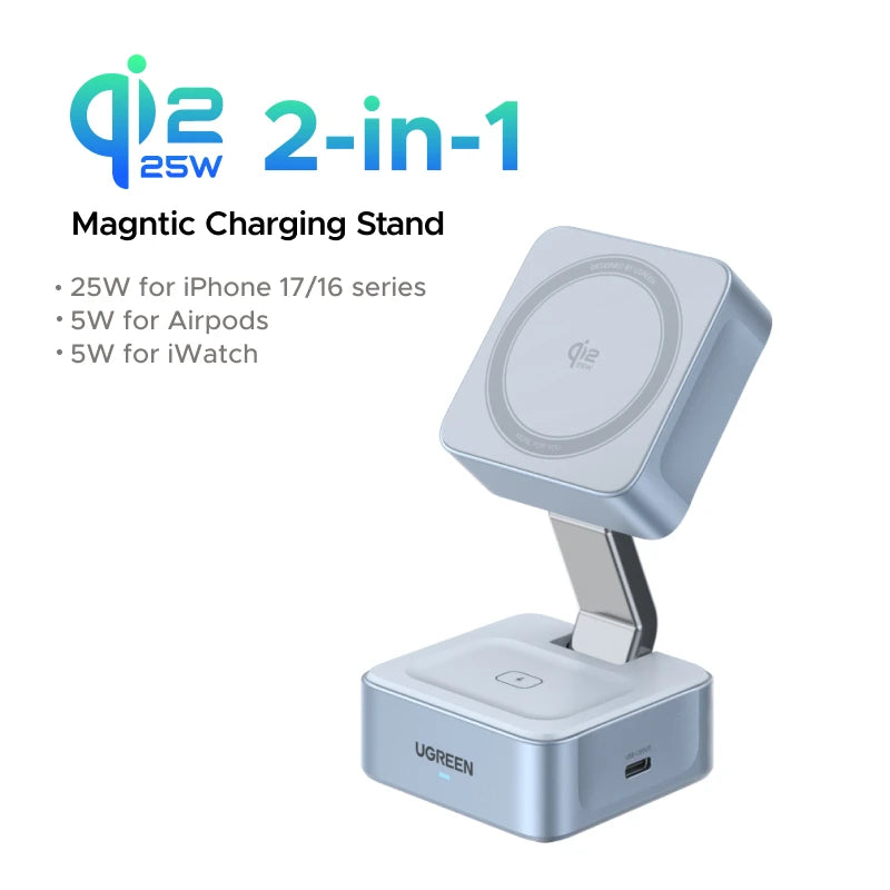 UGREEN Qi2 25W 15W Magnetic 2-in-1 Wireless Charger Stand Fast Charging Stand Magsafe Charger For iPhone 16 17 Series