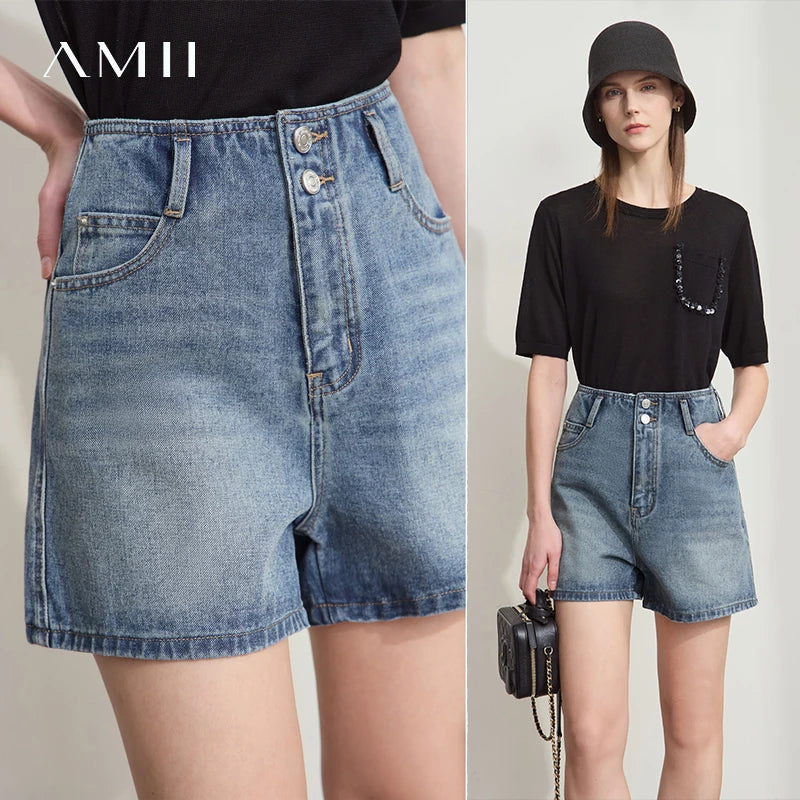 Amii Women's Shorts Minimalist 2026 Summer New Versatile Style Waistband-Free Retro Washed Cotton Casual Denim Shorts 12542225