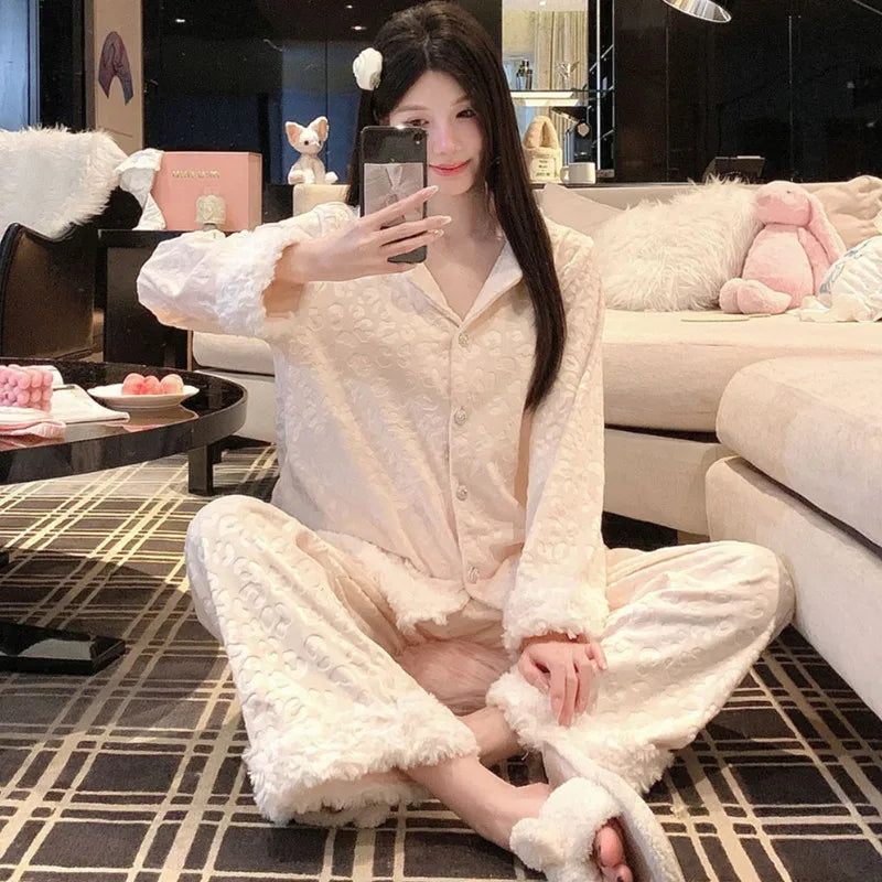 Island Fleece Velvet Women's Pajamas New Lapel Long Sleeve Top Pant Suit Casual Thicken Warm Winter Sleepwear Pijama Home Set