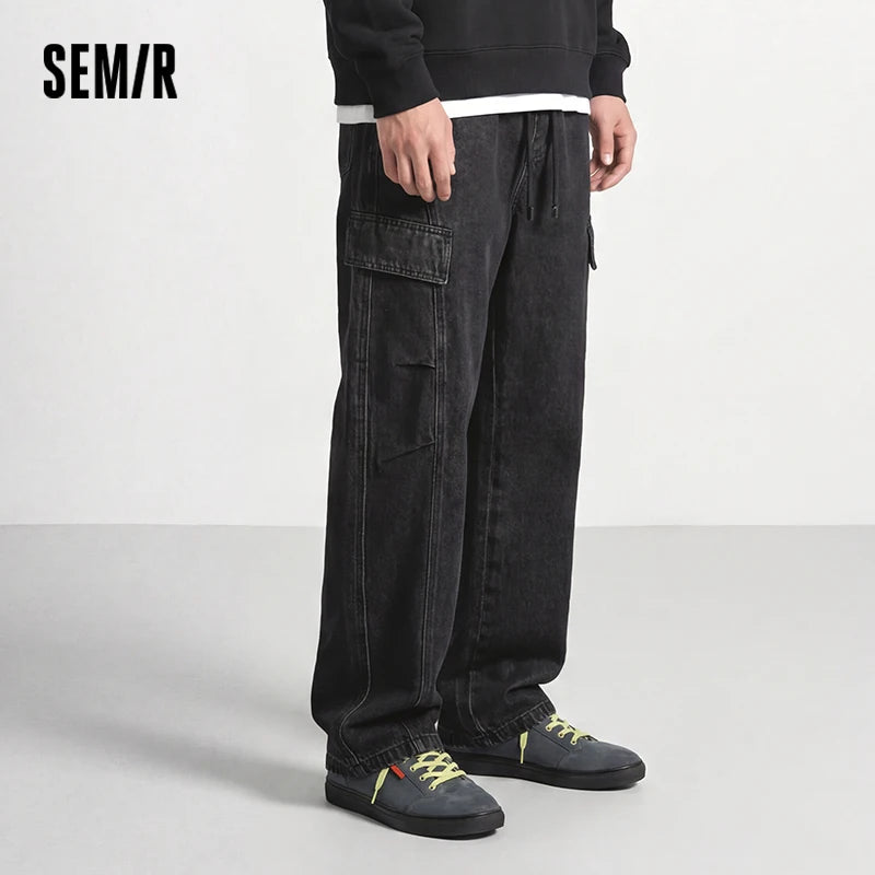 Semir Men Jeans Curved Barrel Loose Cargo Pocket Elastic Waist 2026 Autumn Denim Pants Comfortable Street Style Daily Wear