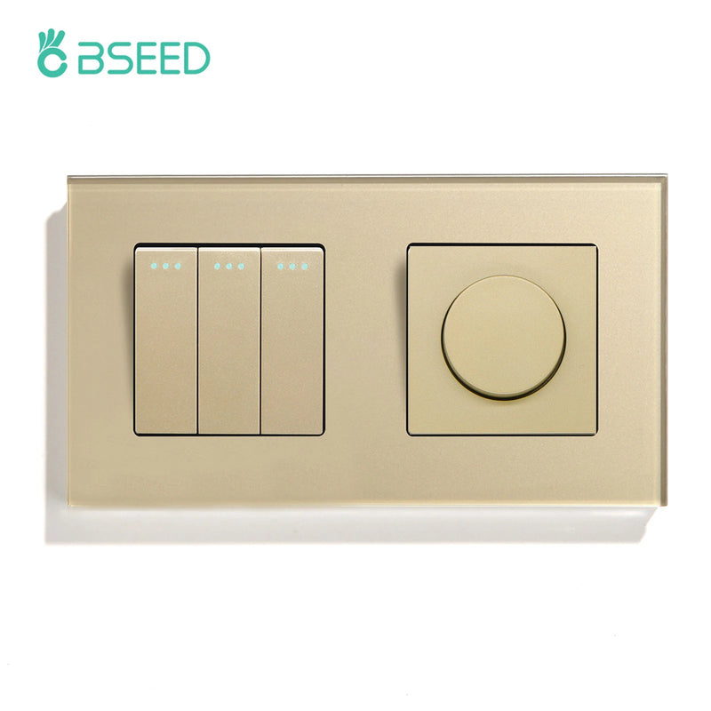 BSEED Mechanical Wall Light Switches 1/2/3Gang 1Way Plus Dimmer Switch Led Dimmable Switch EU Standard Glass Frame 10A