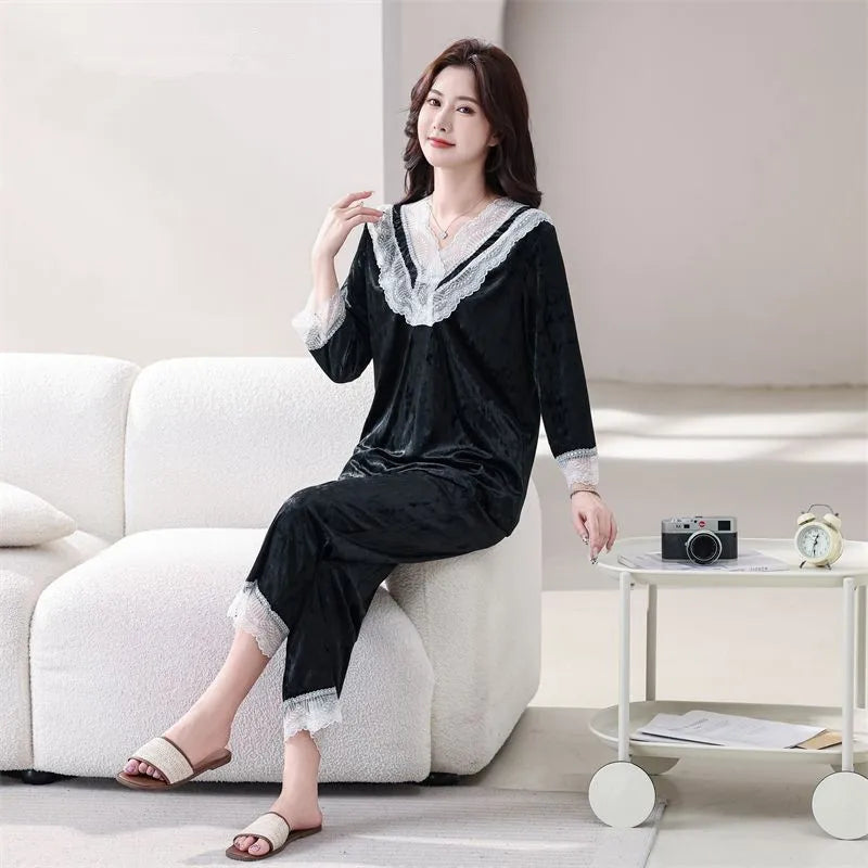 XL-6XL Casual Leopard Women's Pajamas Set New Gold Velvet Long Sleeve Tops Sleepwear Trousers Sets Fashion Nightwear Home Suit