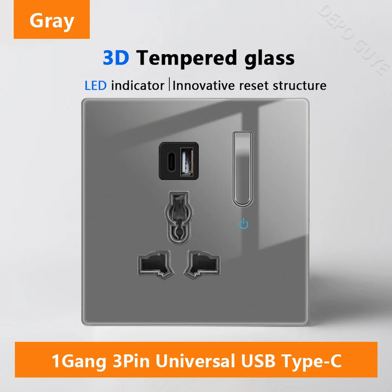 Wall Light Switch Panel LED Indicator UK EU FR Universal USB C Electrical Socket Piano Key Self-reset Wall Switches TV Computer
