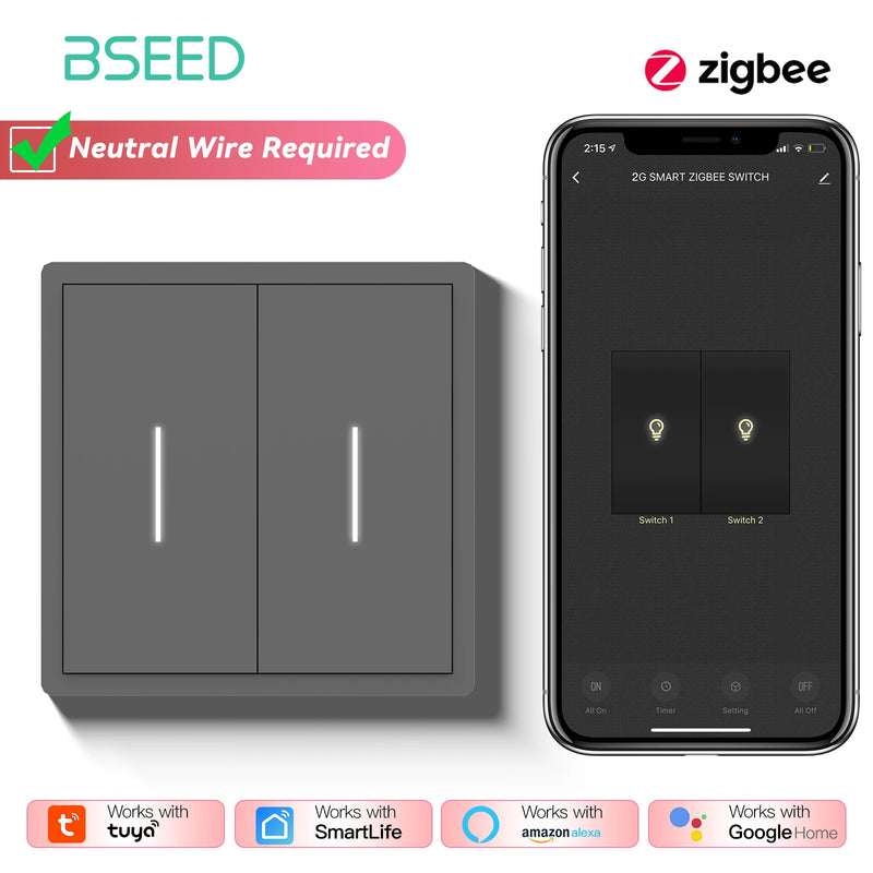 BSEED 1/2/3/4Gang 2Way Zigbee Smart Click Button Switch Smart EU Socket With AC Plastic Frame Work With Tuya Smart Life Alexa