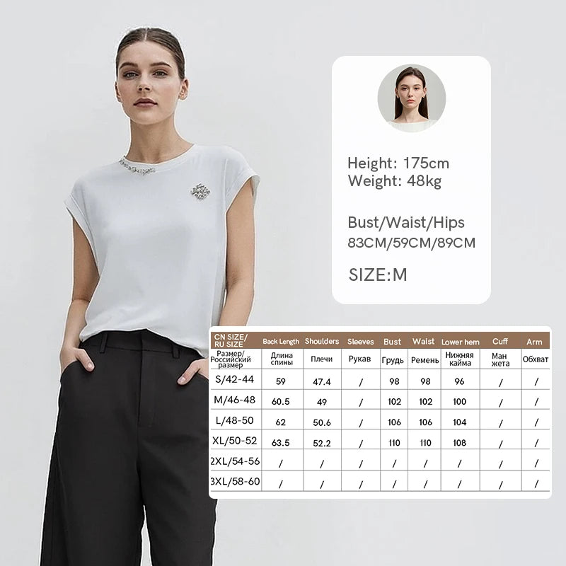 Amii Women's Short Sleeve Tee 2026 Summer New Round Neck Rhinestone Ribbon Stretch Cotton Tee Casual Top For Women 12622034