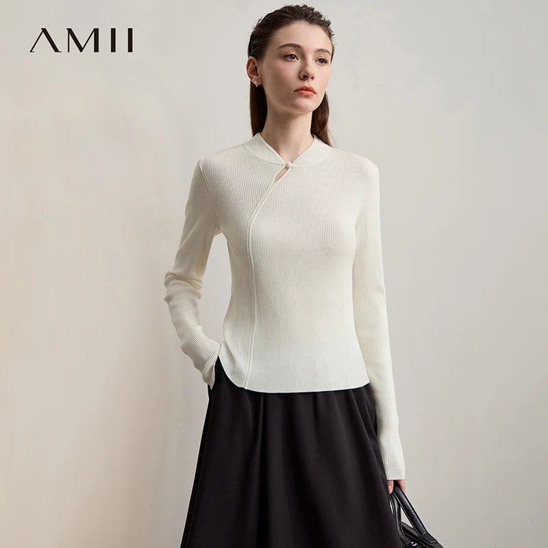 Amii Women's Sweater Cheongsam Collar Slim Pullover Long-sleeved Sweater 2025 Autumn New Minimalist New Female Clothing 12523105