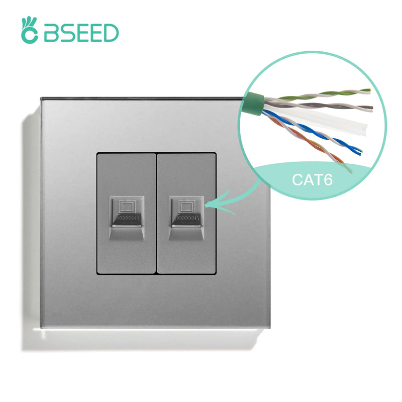 BSEED Double CAT5 Network Data Socket Internet RJ45 CAT6 PC Wall Outlet  EU Standard Tempered Glass Panel White Black Golden