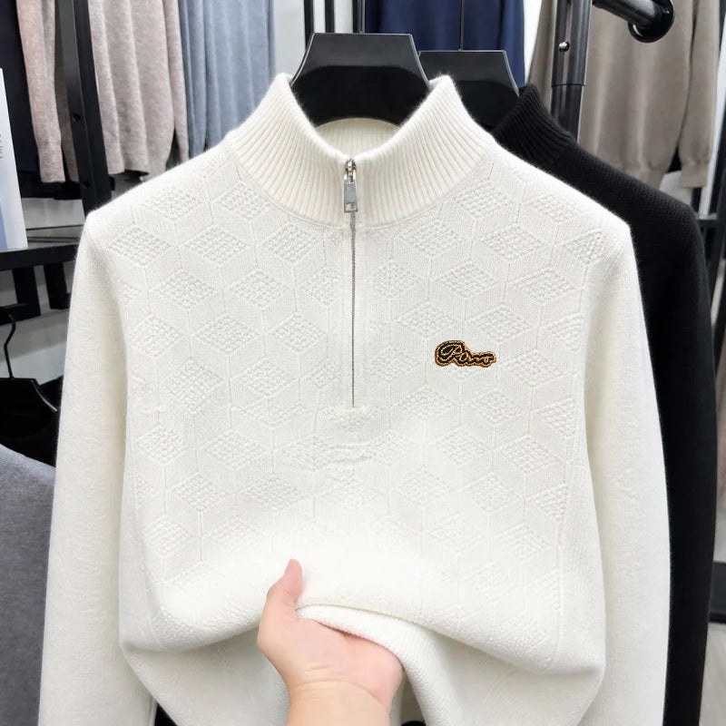 Luxury Man Long-Sleeved Knitwear Mock Neck Zipper Letter Embroidery Autumn Winter New Pullover Leisure Trend Snug Men's Clothing