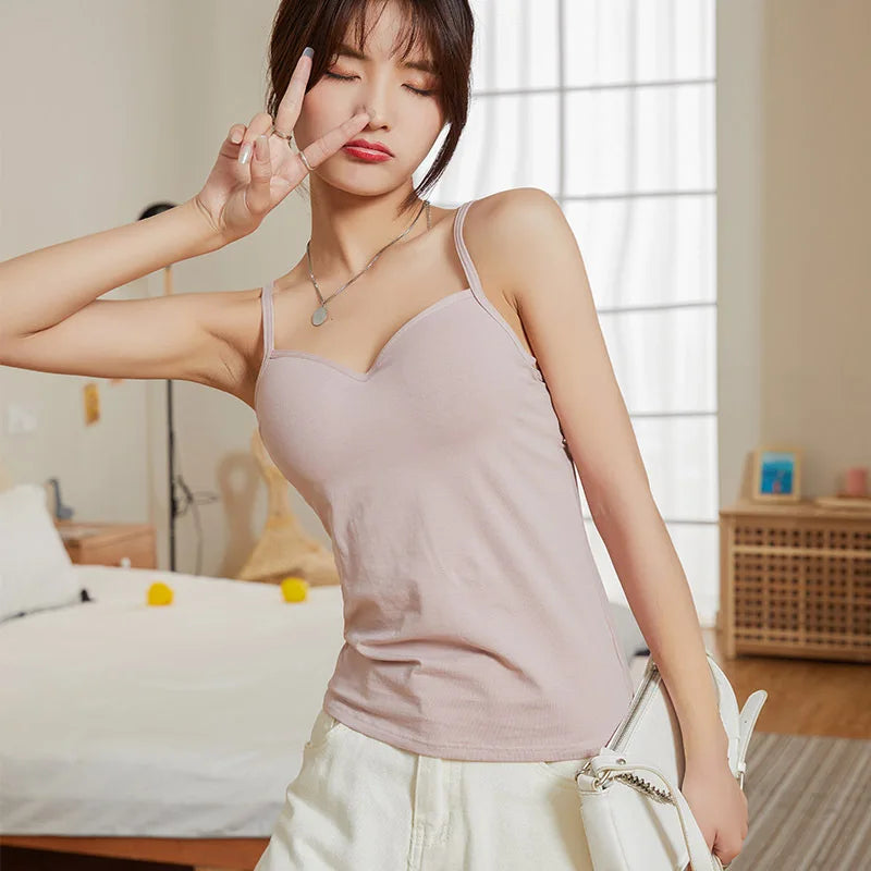 Cotton Knitted Solid Color Chest Pad Sling Top Deep V Neck Slim Bra Integrated Vest for Women One Piece Sleepwear Pajamas