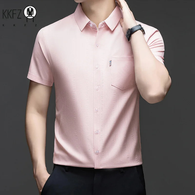 Mens Short Sleeve Shirt Casual Regular Fit Button Up Lapel Collar With Pocket Soft Breathable For Business Weekend Wear