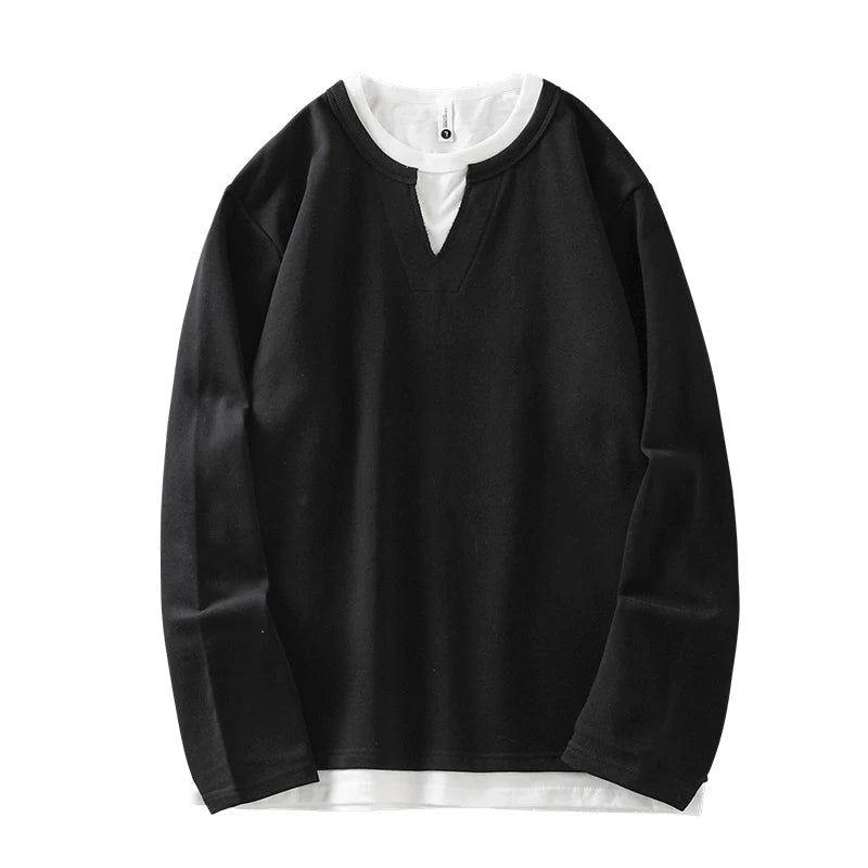 DUKEEN Men's 2-In-1 Pullover Sweatshirt 2025 Spring and Autumn New Fashion Loose Crew-Neck Long Sleeve T Shirts for Men