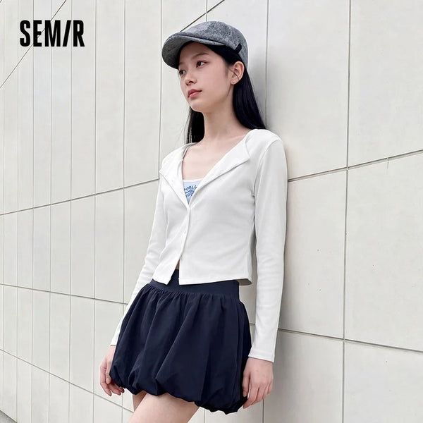 អាវយឺត Semir សម្រាប់នារី ដៃវែង ខ្លី ស្លីម ប៊ូតុងខាងមុខ ទាន់សម័យ ស្លៀកប្រចាំថ្ងៃ រដូវស្លឹកឈើជ្រុះ ឆ្នាំ២០២៦