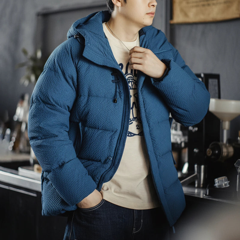 Maden Casual Men's Down Jacket 90% White Duck Down Filling Hooded Coat Warm Zip-Up Seersucker Textured Outwear for Fall Winter