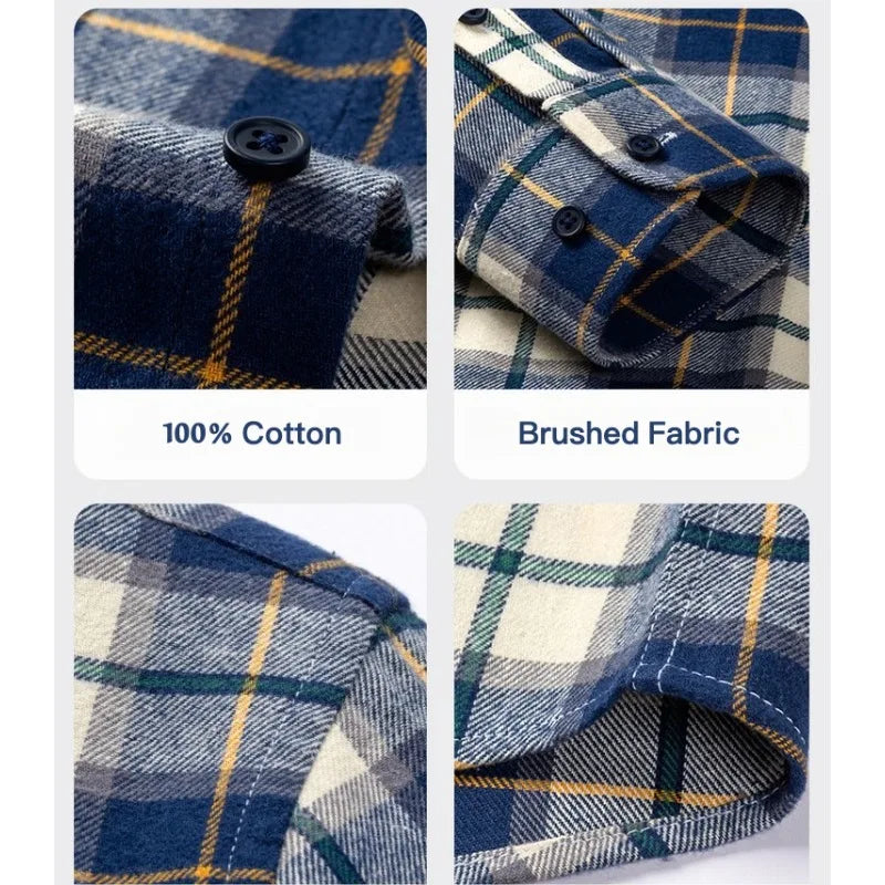 Men's 100% Cotton Brushed Plaid Long Sleeve Shirt – Soft Flannel Casual Button-Down for Outdoor & Daily Wear
