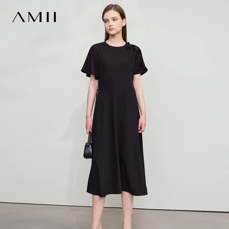 Amii Minimalist Casual Dress 2026 Summer New Women Office Lady Short Sleeve Belt Cubic Flower Loose Chiffon Midi Dress 12512030