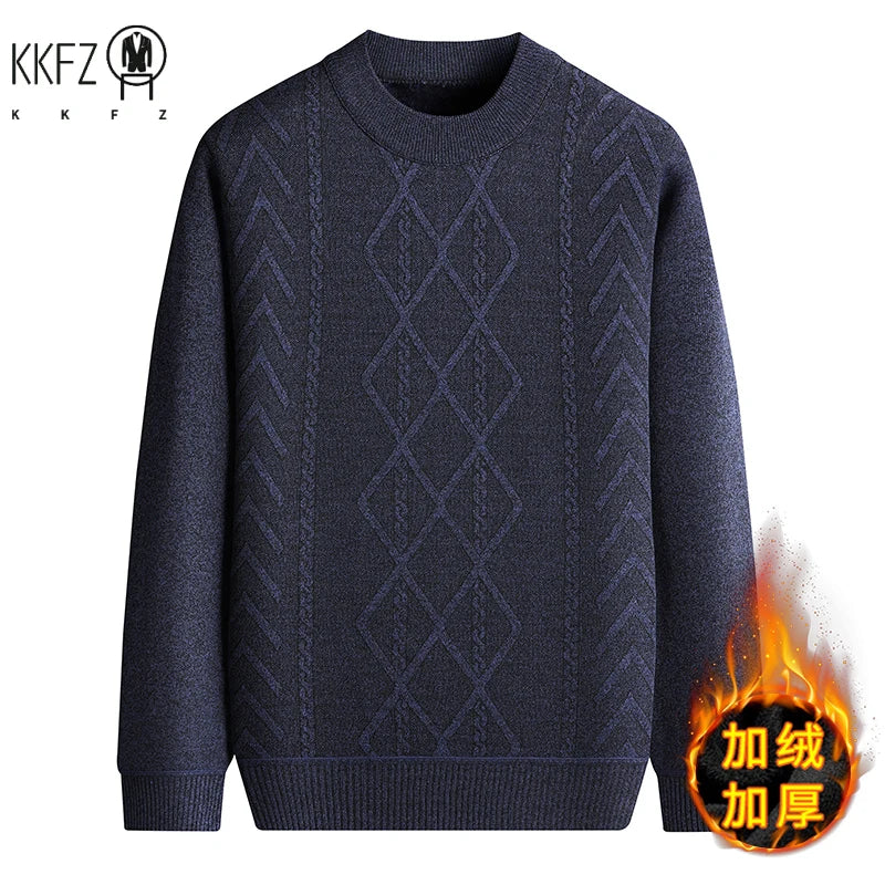 Thick Fleece Men Crew Neck Jumper Vintage Cable and Diamond Woven Texture Soft Knit Fabric Outdoor Daily Warm Top
