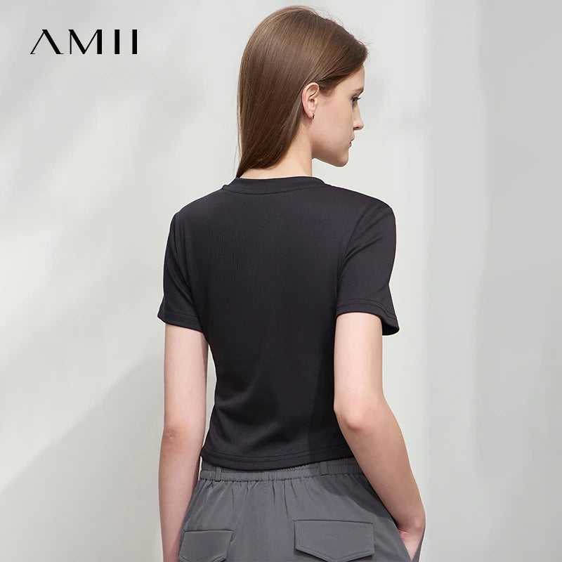 AMII Minimalist Short Women Clothes T-shirt 2026 Summer New Round Neck Short-sleeved Casual Versatile Solid Slim Tops 12542091