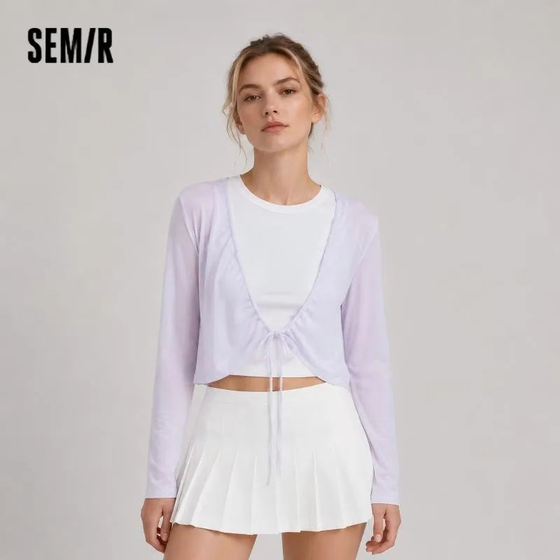 Semir Womens Cardigan 2026 Short Slim Linen Like Solid Drawstring Bow Sweet Gentle Casual Soft