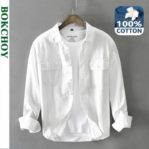 Spring and Autumn Long Sleeve Cargo 100% Cotton Hite Shirts for Men Clothing Retro Style Button Up Pocket  Streetwear AZ102
