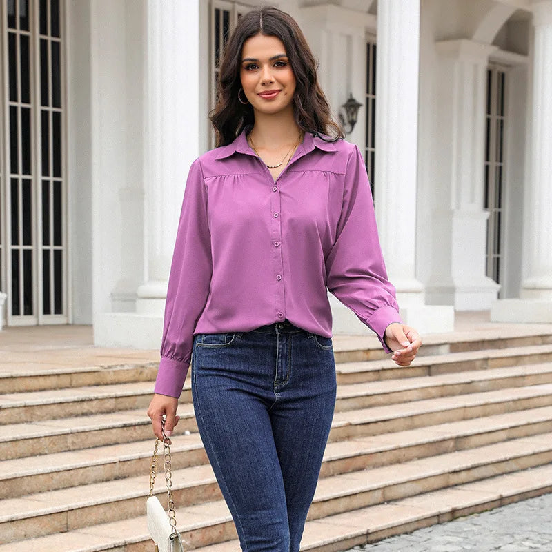 Women's Long-sleeve Collared Shirts for Spring and Fall; Pleated/patchwork-detailed Blouses; Black, White, Green, Blue, Purple.
