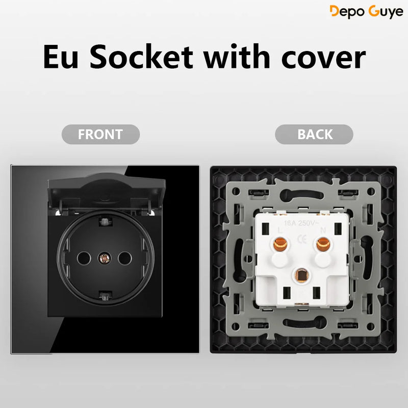 European Standard 4 Gang Wall Power Socket 16A Glass Panel with Dual USB Type-C Ports White/Black Industrial Home Hotel