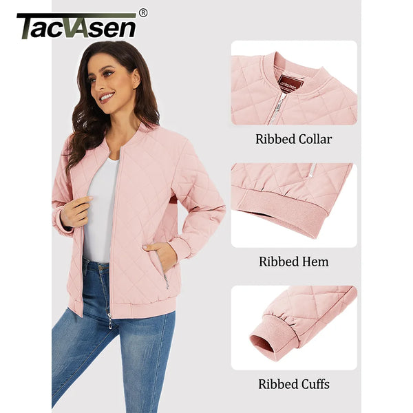 TACVASEN Women Casual Warm Diamond Quilted Jackets Jackets Full Zip Padded Classic Biker Jacket Winter Coats Streetwear Outwear