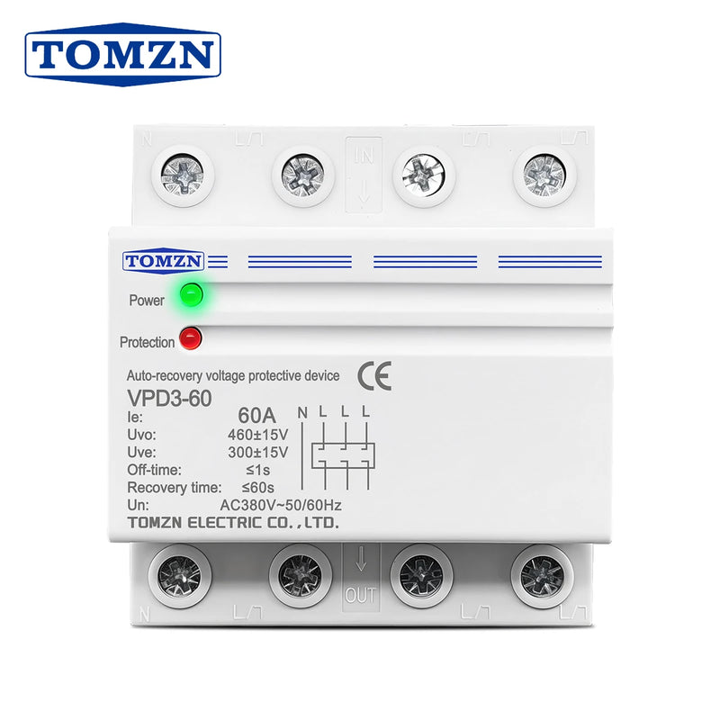 TOMZN 60A 380V Three Phase Four Wire Din Rail Auto Recovery Reconnect Over Voltage And Under Voltage Protective Protection Relay