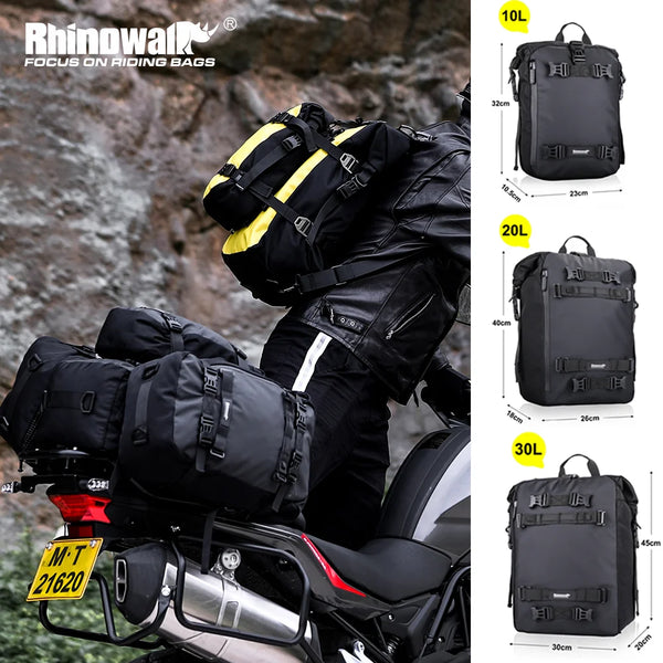 កាបូបសម្រាប់ម៉ូតូ Rhinowalk ទំហំ 10លីត្រ/20លីត្រ/30លីត្រ មានខ្សែរសម្រាប់ដាក់ឥវ៉ាន់ក្រោយកៅអីម៉ូតូ ដំឡើងជាមួយកាបូបខាងក្នុងដែលអាចដោះចេញបាន ការពារទឹកជ្រាប