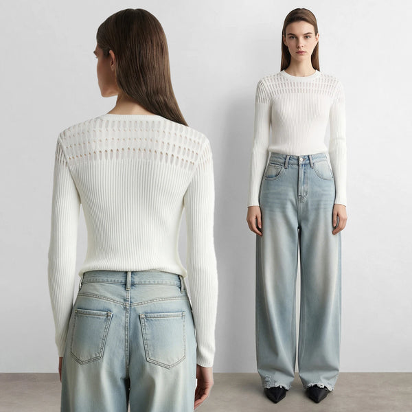 Amii Minimalist Knitted Tops Women Round Neck Hollow Breathable Slim Pullover Knitwear 2026 Autumn New Office Sweater 12623093