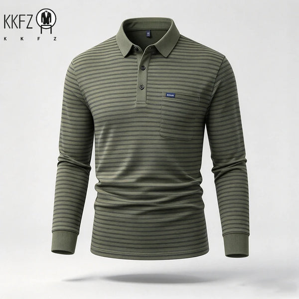 Mens Lapel Collar Long Sleeve Striped Polo Shirt With Chest Pocket Soft Handfeel Top For Business Wear In Autumn