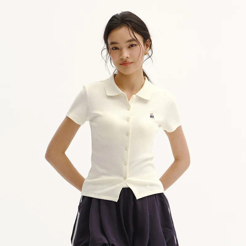 Semir Women Polo Shirt Puppy Embroidery Slim Straight Shoulder Summer 2026 Minimal Cardigan Style Casual Fashion Top
