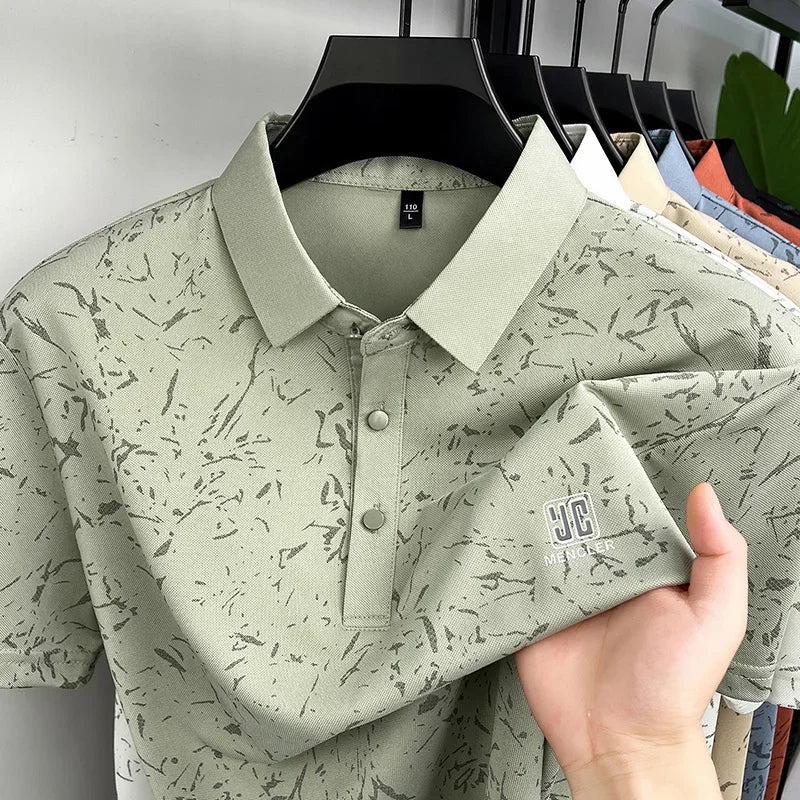 Business Casual Mens Splash Pattern Polo Short Sleeve Breath Mesh Short Vacation And Weekend Party Apparel