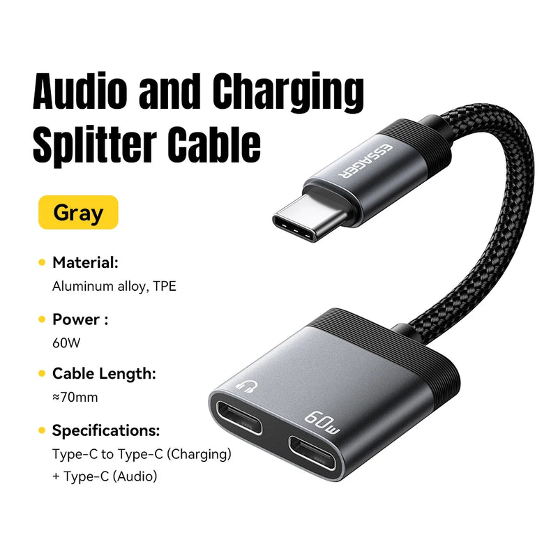 Essager Audio And Charging Splitter Cable 2 In 1 3.5mm Jack Earphone PD 60W USB Type C Charger Adapter For iPhone Samsung Xiaomi