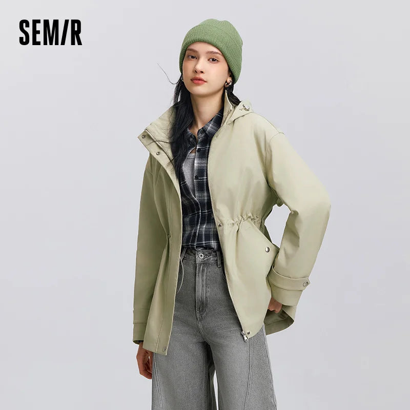 Semir Commute Jacket Women Spring Mid Length Hooded Drop Shoulder Waist Cinched Windproof Waterproof Stain-Resistant Top