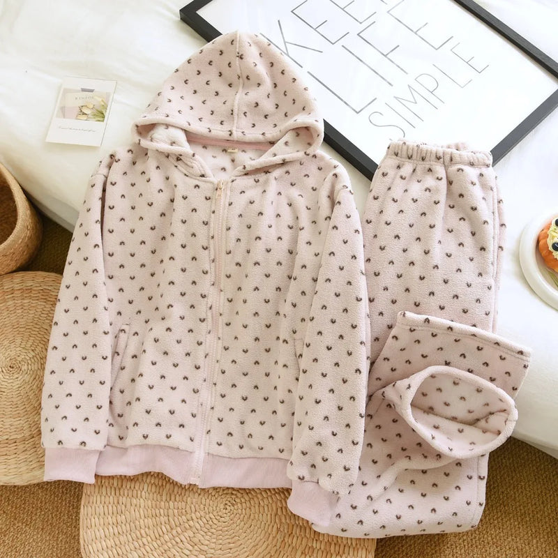 Women's Pajamas Hooded Zipper Thickened 2 Piece Sets Pyjamas Woman Sleepwear for Winter Flannel Ladies Loungewear Suit Pijama