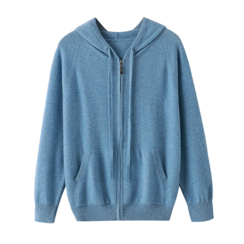 100% Wool  Men's Zip-Up Hooded Sweater, Soft Knit with Pockets, Ideal for Fall and Winter Daily Commute