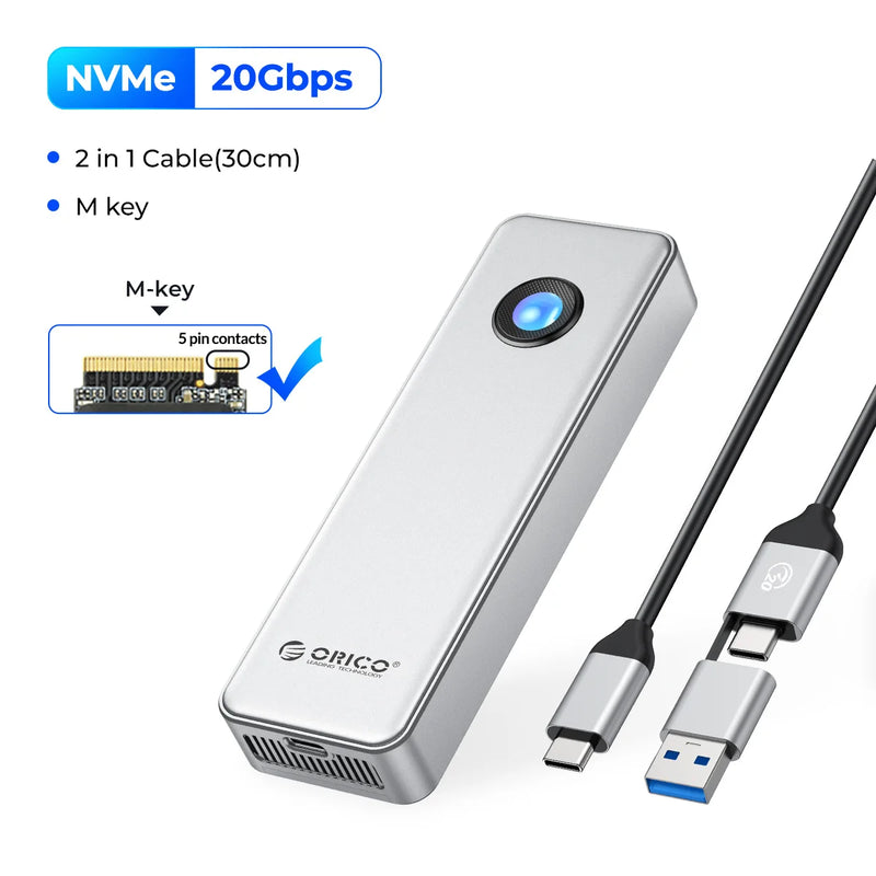 ORICO 20Gbps M.2 NVME SSD Case with Built-in Cooling Fan Type-C M2 NVME SSD Enclosure For M.2 NVME 2230 2242 2260 2280 SSD