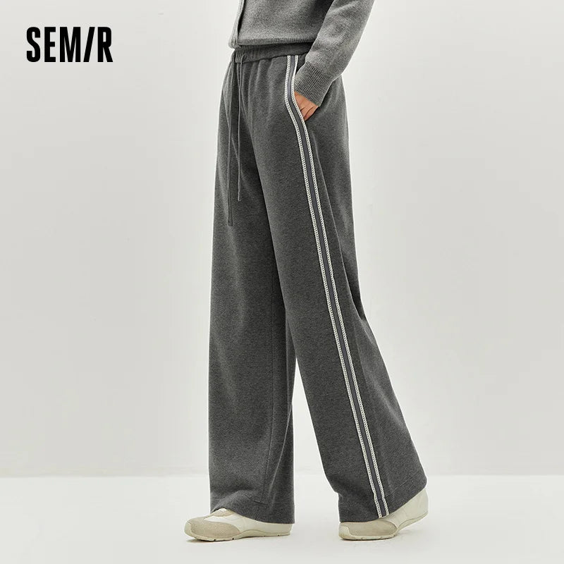 Semir Women Pants Ruffle Trim Colorblock Wool Look Wide Leg Loose Fit 450G 2026 Elegant Warm Urban Casual Trousers