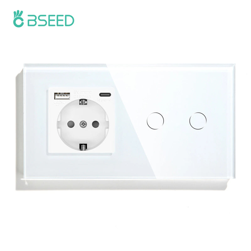 BSEED Wall Electrical Socket With 1/2/3Gang 1Way Touch Light Switch USB Type-c Charge Power Outlet Glass Panel White Wall Switch