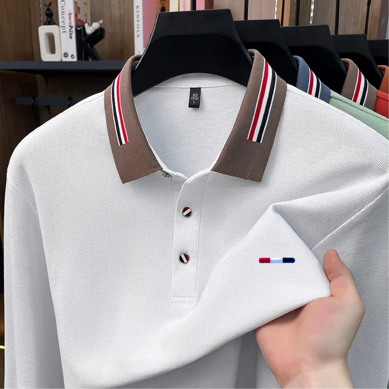 100% Cotton Man Long-Sleeved Polo Shirt Lapel Button Color Blocking Exquisite Pattern Embroidery Autumn New Leisure Polo Shirt