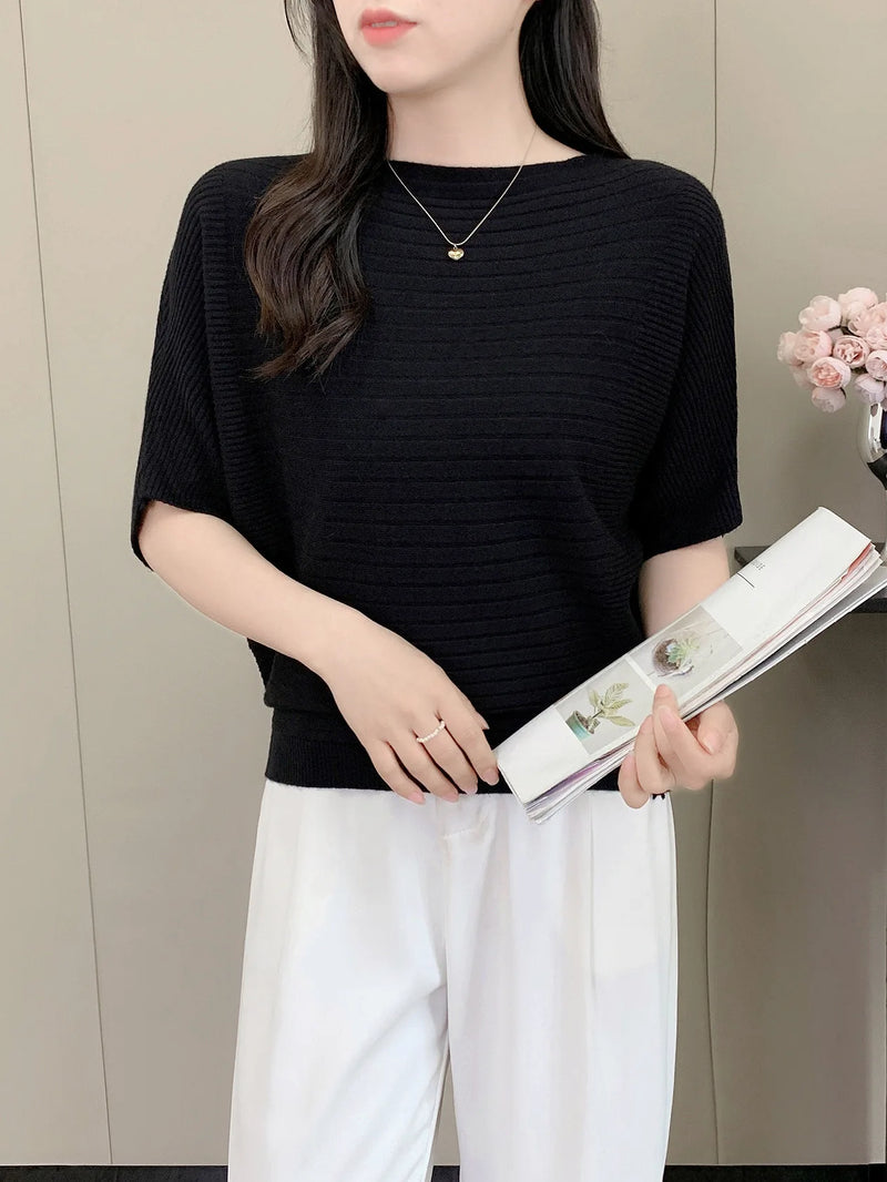 Female Jumper Korean Short Knitted Sweater One-word Collar Top Women's Five-quarter Sleeves Spring Autumn Pullover Shirt
