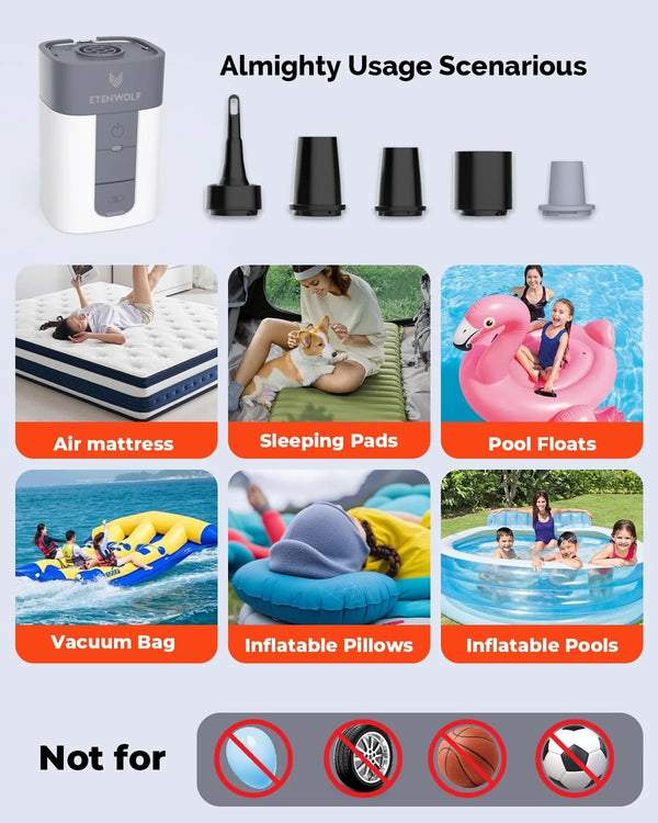 ETENWOLF AIR 5 ស្នប់ខ្យល់អគ្គិសនី 720 LPM ឧបករណ៍បំប៉ោង និងបញ្ចេញខ្យល់រហ័ស 5200 MAh ស្នប់ខ្យល់ចល័តសម្រាប់អណ្តែតទឹកក្នុងអាងហែលទឹក កាបូបផ្ទុកសុញ្ញកាស