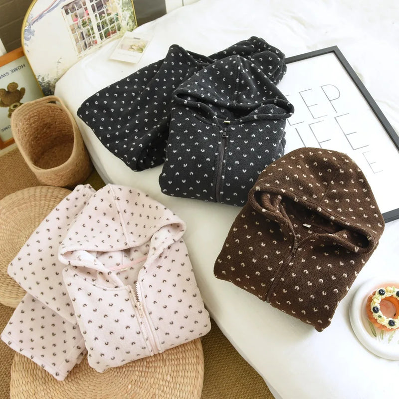 Women's Pajamas Hooded Zipper Thickened 2 Piece Sets Pyjamas Woman Sleepwear for Winter Flannel Ladies Loungewear Suit Pijama