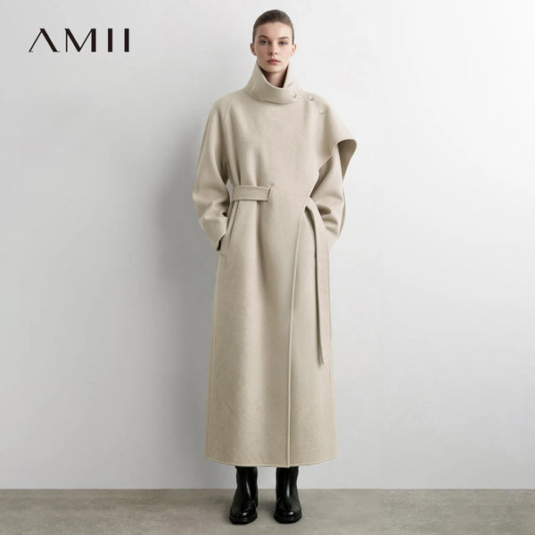 Amii Women Double-Faced Wool Coat Stand Collar Belted Oversized Long Minimalist Commuter Winter 2026 Women Winter Coat 12644019
