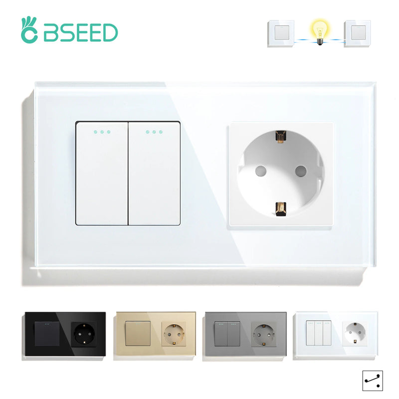 BSEED Mechanical Light Switch Wall Socket Glass Frame 1/2/3Gang 2Way Wall Switch Power Outlet Button Switches Wall Socket