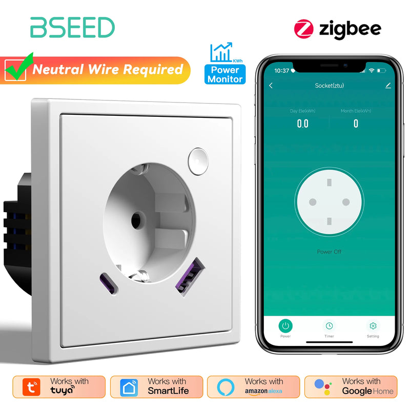 BSEED E Series Zigbee Socket Smart Power Monitor Socket 20W Fast Charge USB Type-C Port Tuya Smart Life Control Plastic Frame