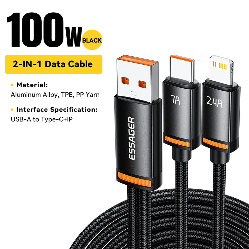 ខ្សែសាក Essager 2 in 1 7A USB A ទៅ Type C ទៅ Lighting 100W PD សាកលឿនសម្រាប់ Macbook IPhone16 15 14 Samsung Xiaomi Huawei Hono
