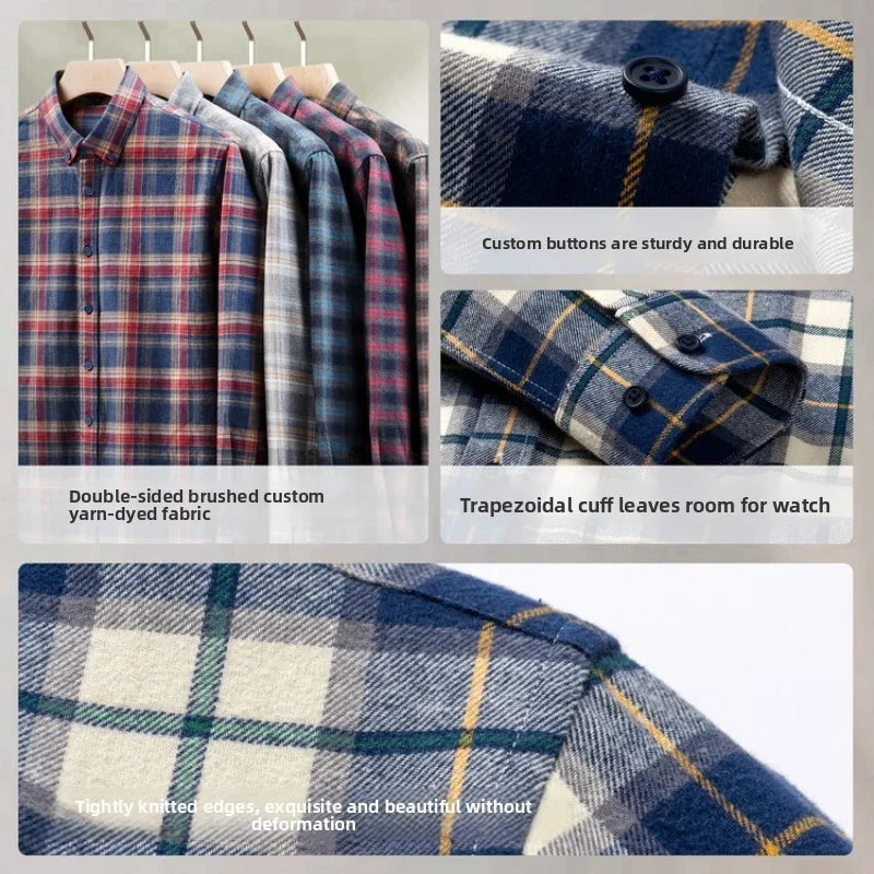 Men's 100% Cotton Brushed Plaid Long Sleeve Shirt – Soft Flannel Casual Button-Down for Outdoor & Daily Wear